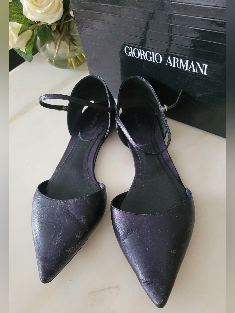 Giorgio Armani Pointed Toe Ankle-Strap Flats Black/Purple Sheen IT 39.5/US 9.5 - Picture 7 of 16